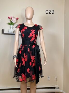 Girls Black Dress with Red Floral Appliqué